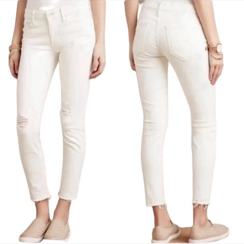 MOTHER 👀 LOOKER White Ankle‎ Fray Stretch Distressed Tea & Biscuits Jeans Sz 28